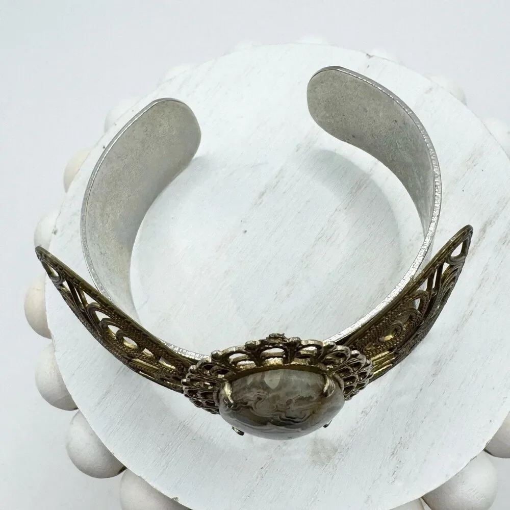 Filigree Bow Cuff Bracelet With Agate Geode Cabachon Center Bohemian Boho